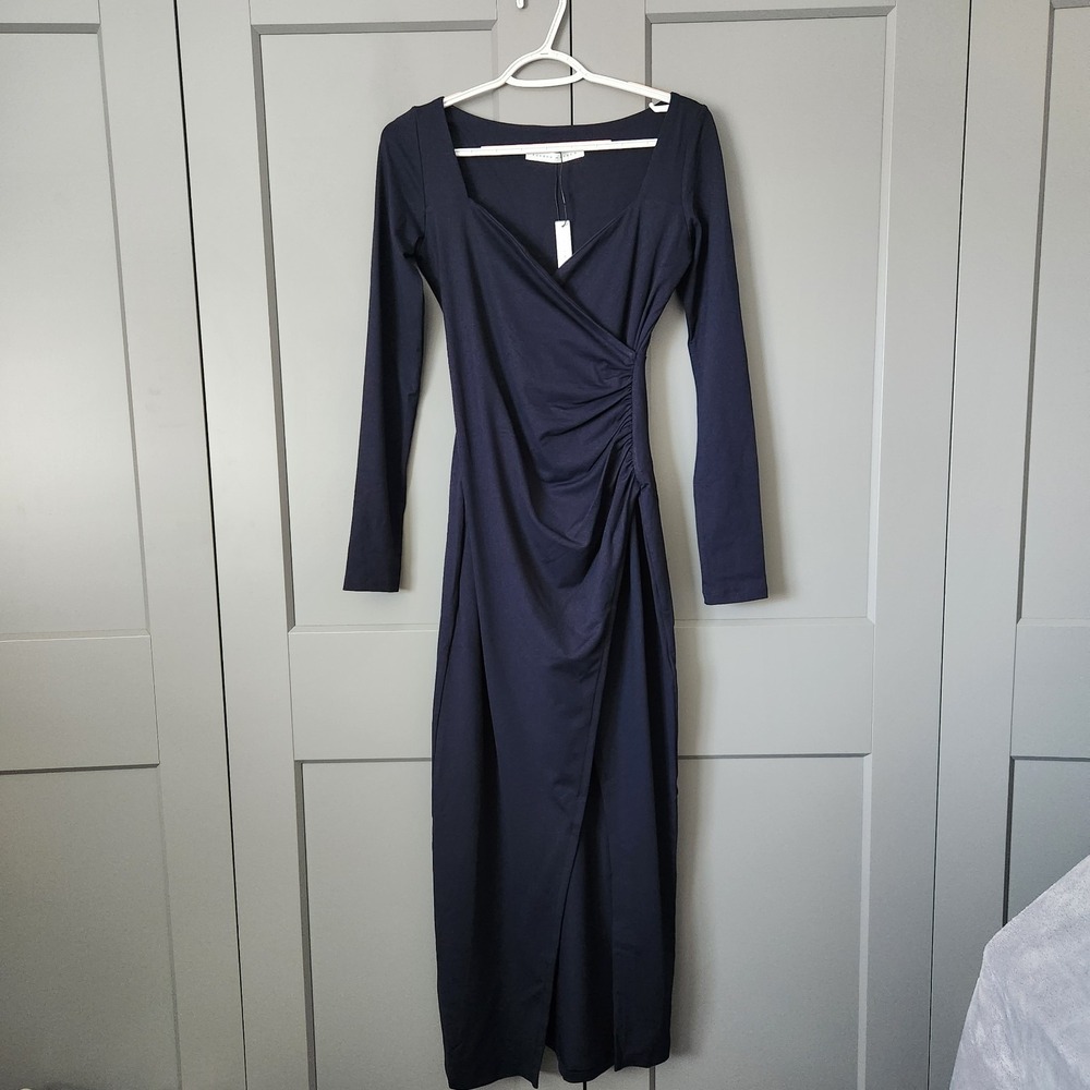 New Susana Monaco Long Sleeve Ruched Wrap Midi Dress Midnight Blue XS Revolve